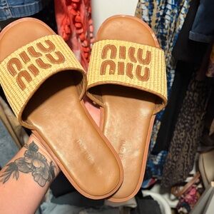 Miu Miu Tan Leather & Natural Woven Logo Slide Sandals